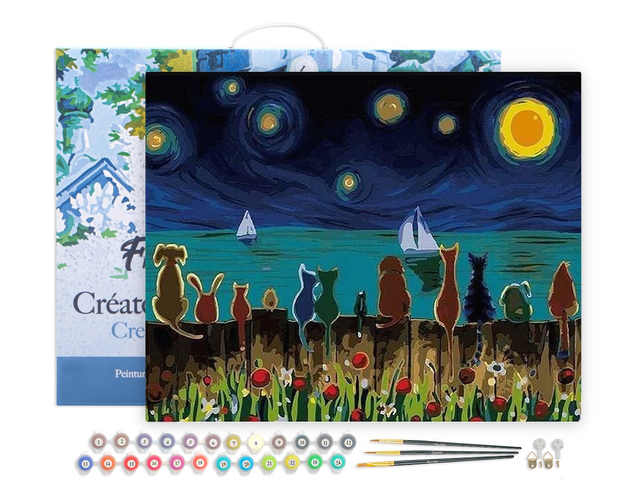 Figured'Art Paint by Numbers for Adults with Frame Starry Night with Animals 16"x20" - Craft Art Painting DIY Kit Canvas Already Stretched on a Wooden Frame